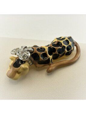 KJL Brooch Kenneth Jay Lane Leopard Big Cat Bow Pin Enamel Rhinestone Book Piece